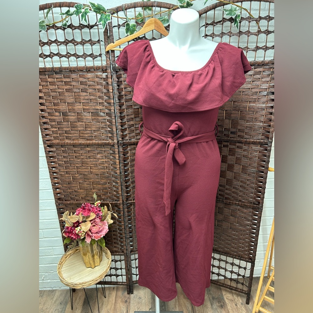 Almost Famous Burgundy Pant Romper Jumpsuit Stretchy with tie belt